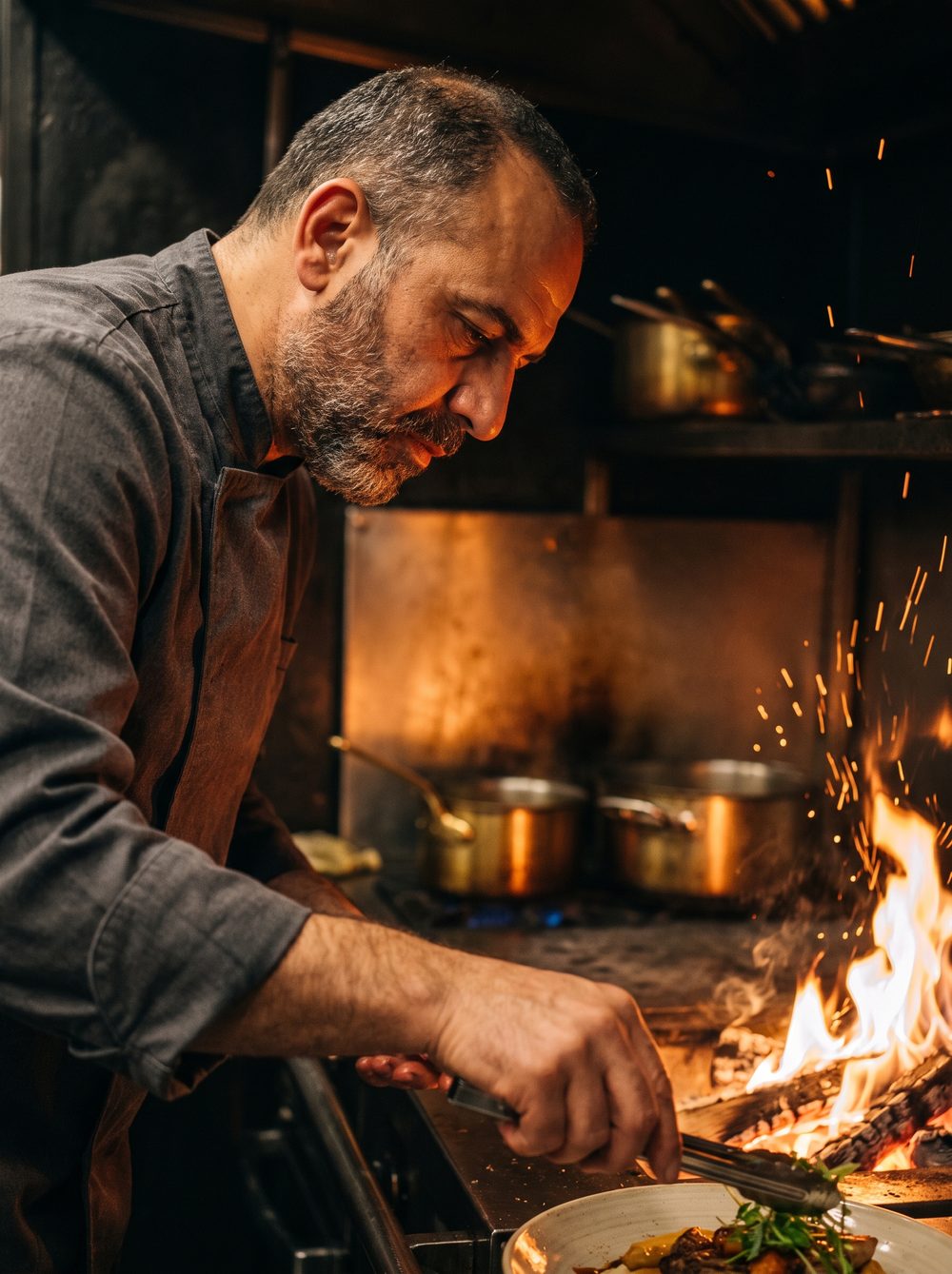 Executive chef Karim Haddad finishing a dish over open fire