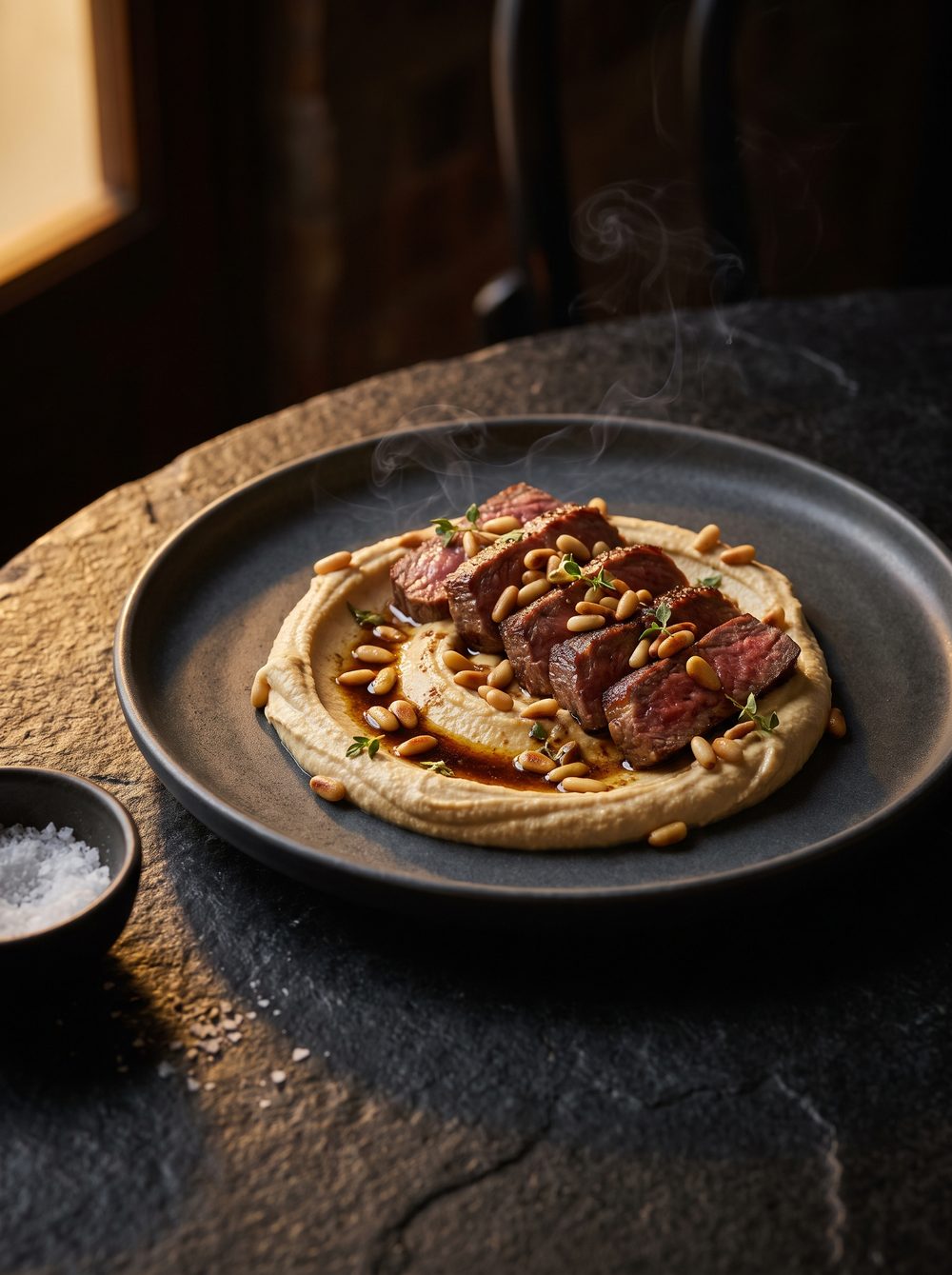 Smoked hummus topped with wagyu beef shawarma and pine nuts