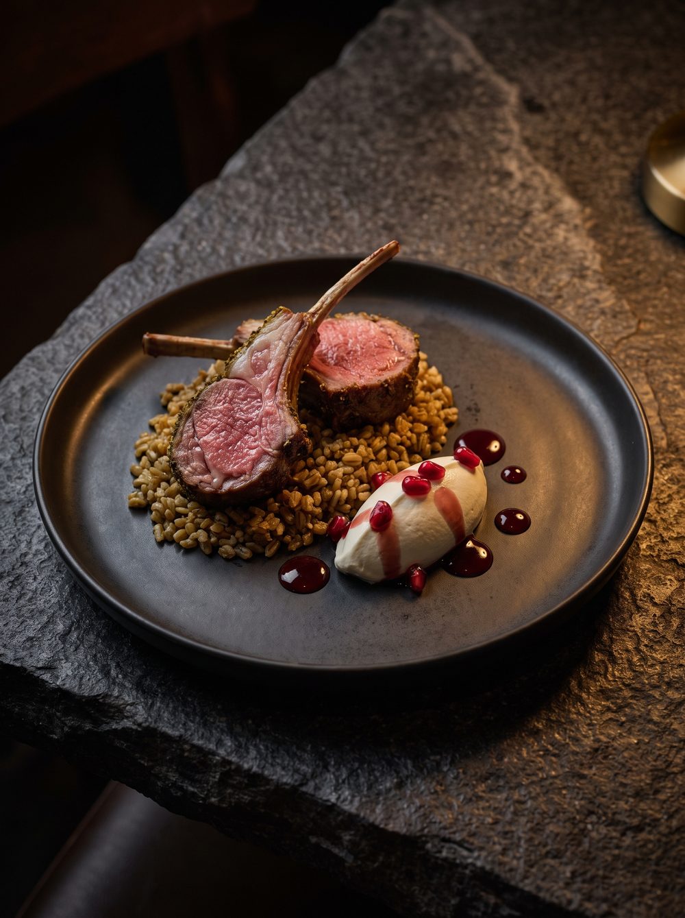 Zaatar-crusted lamb rack over freekeh with pomegranate jus