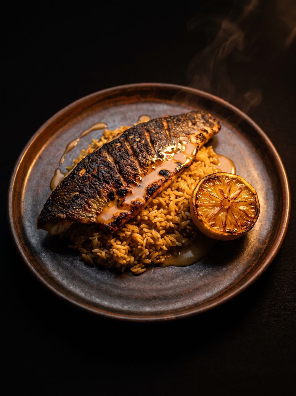 Wood-fired sea bass on sayadieh rice with burnt lemon