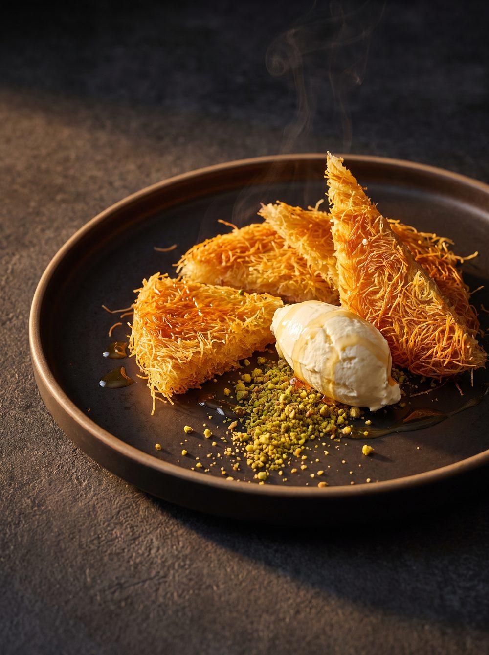 Saffron knafeh with clotted cream and pistachio praline