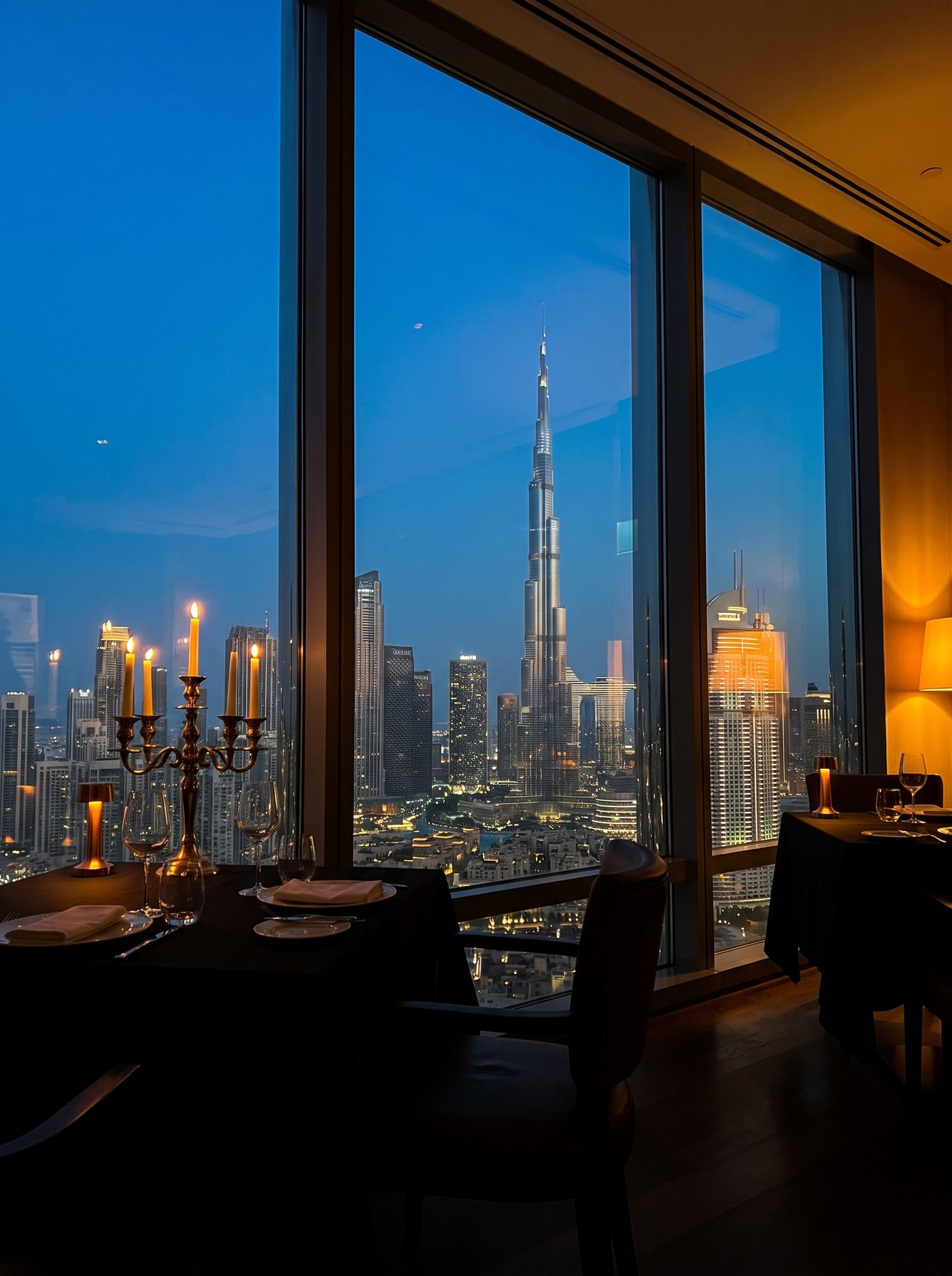 Floor-to-ceiling window over the Downtown Dubai skyline at dusk