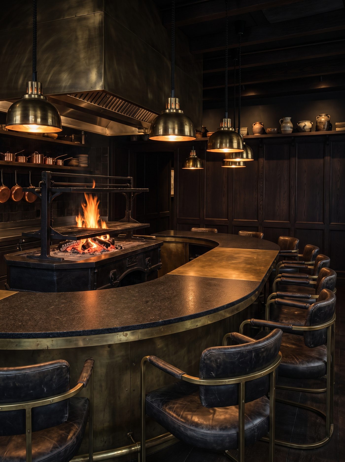 The fire counter — eight seats around the open wood fire